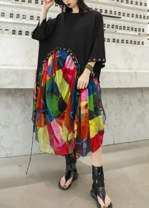 100% black cotton dresses patchwork prints chiffon Traveling summer Dresses