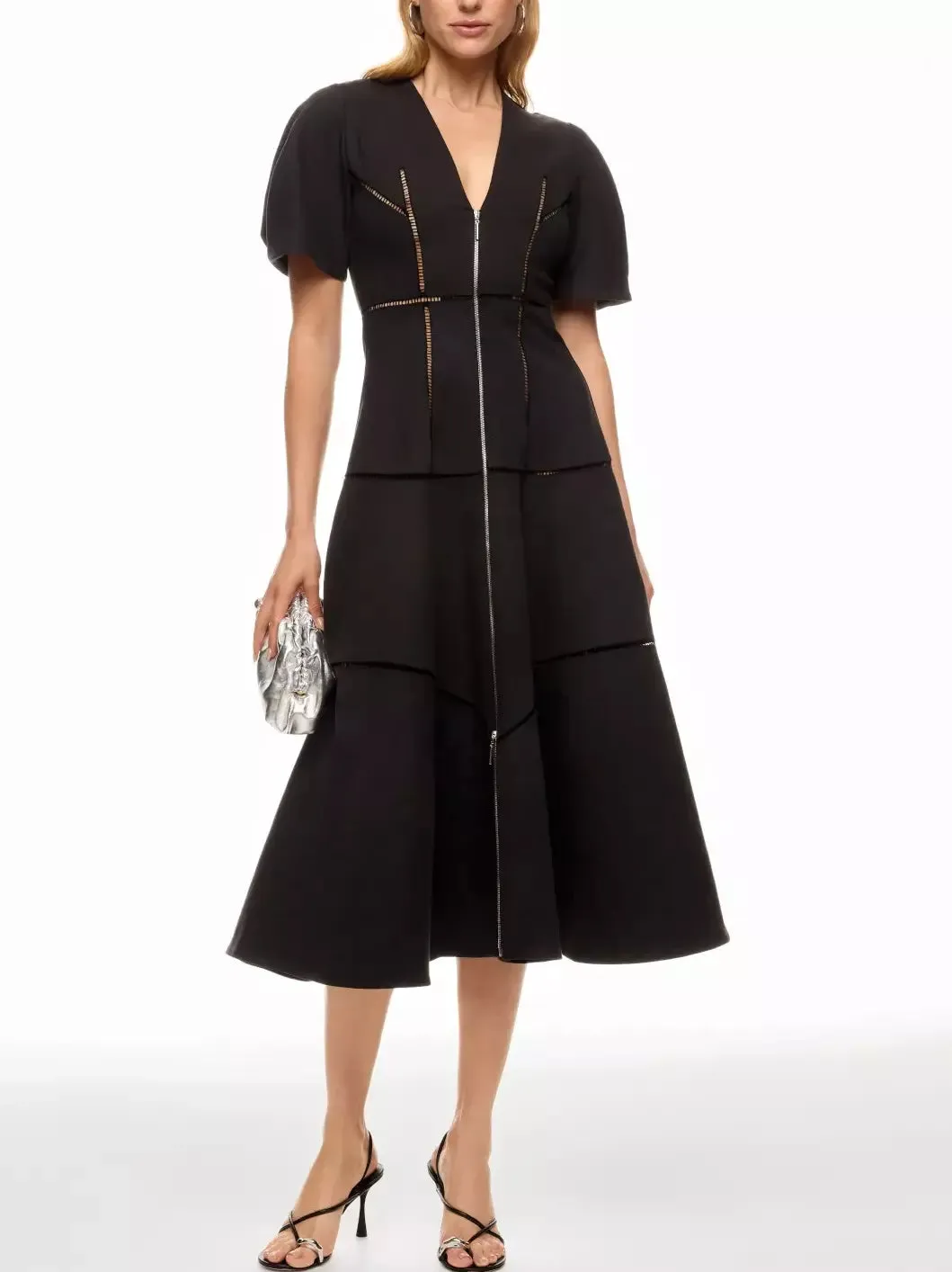 A-Line Cut-Out Front-Zip V-Neck Dress in Black