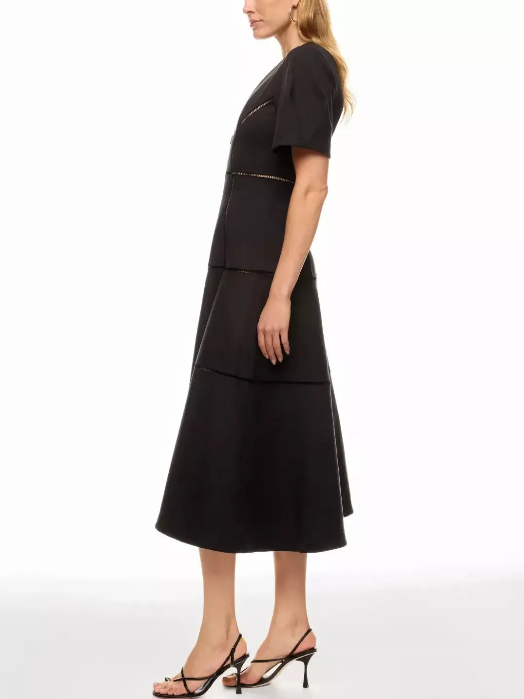 A-Line Cut-Out Front-Zip V-Neck Dress in Black