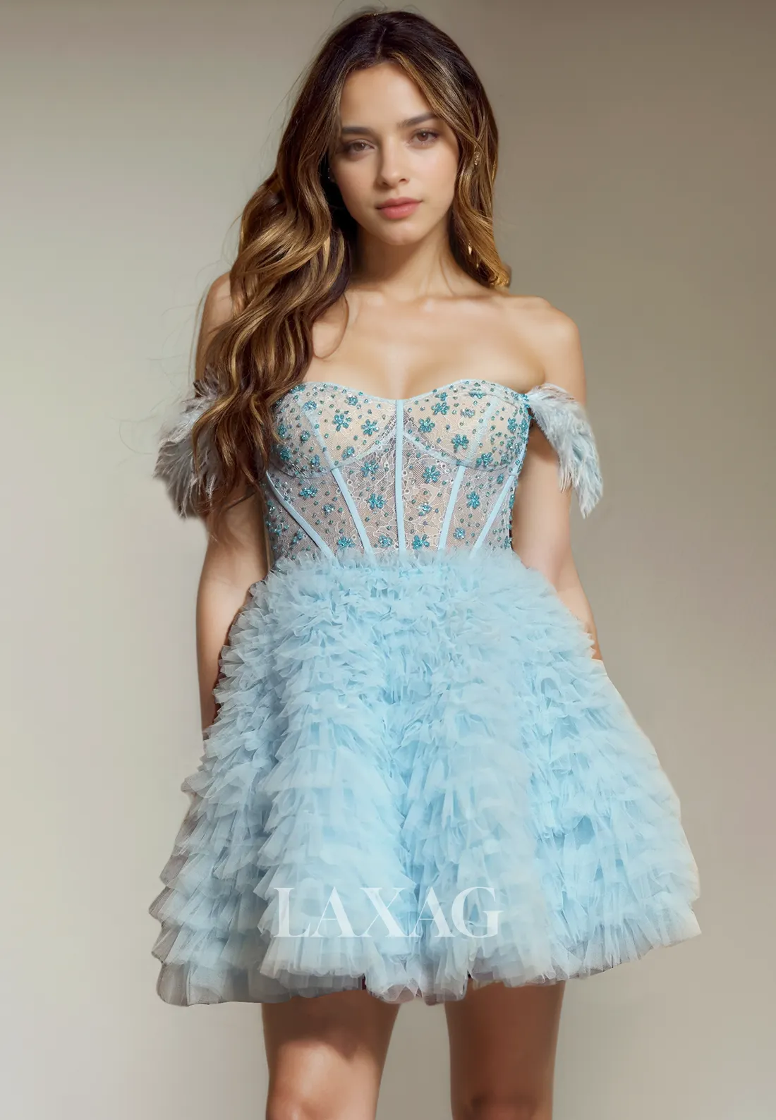 A-Line Off Shoulder Feather Beaded Tulle Tiered Party Homecoming Dress