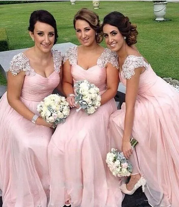 A-Line Pink Princess Cap Sleeves Sweetheart Floor-Length Beads Chiffon Bridesmaid Dresses WK509