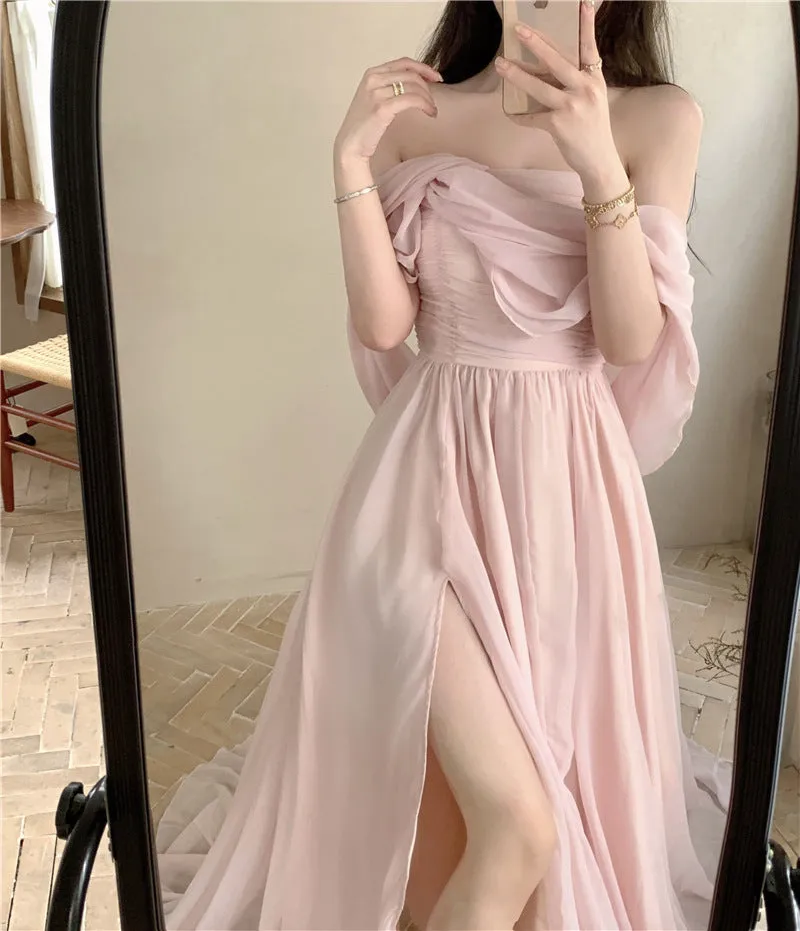 A Line Strapless Pink Cute Fairy Dress Long Prom Dress with Slit 400