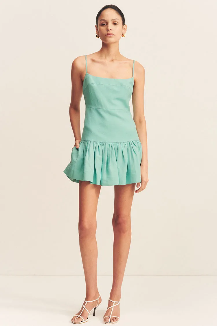 Alec Gathered Mini Dress in Pool Blue