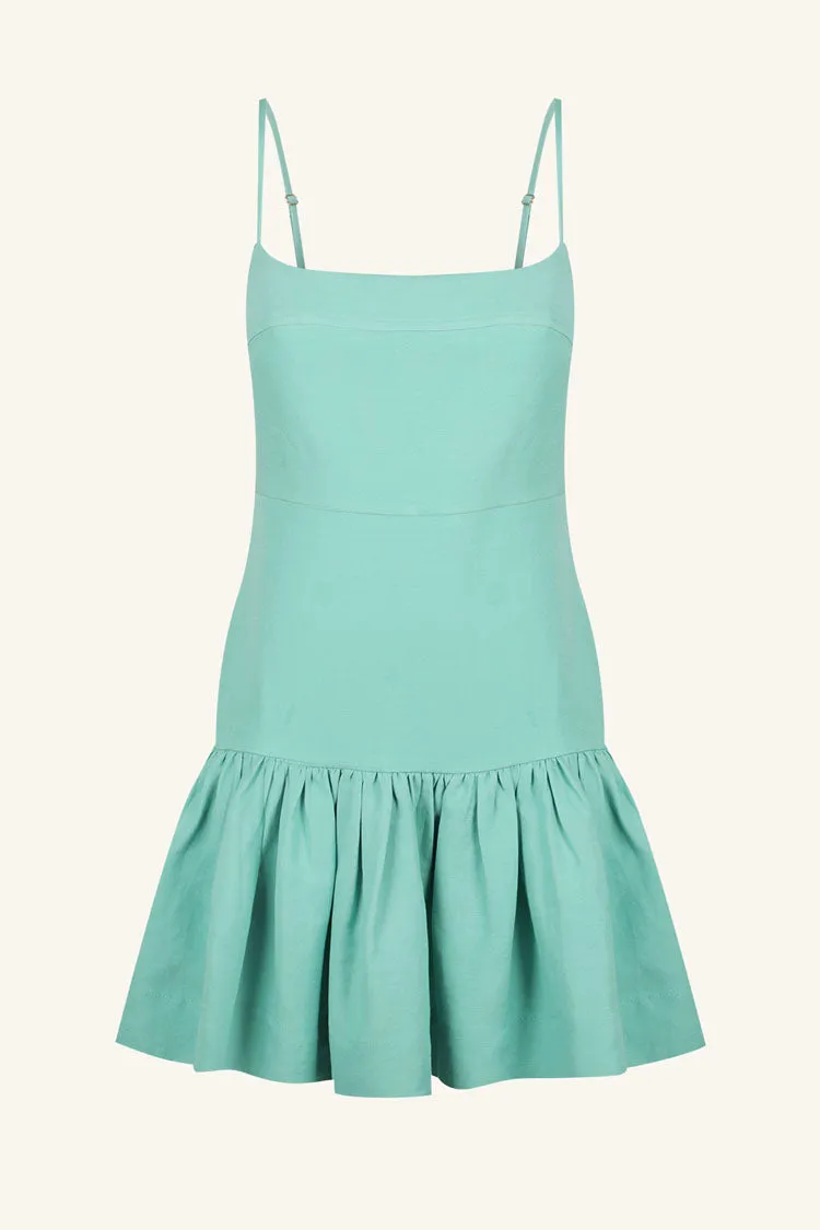 Alec Gathered Mini Dress in Pool Blue