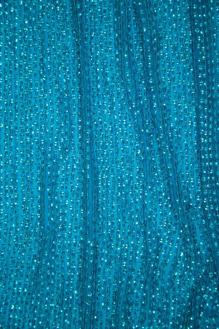 Aqua Blue Sequins & Beads on Silk Chiffon Fabric