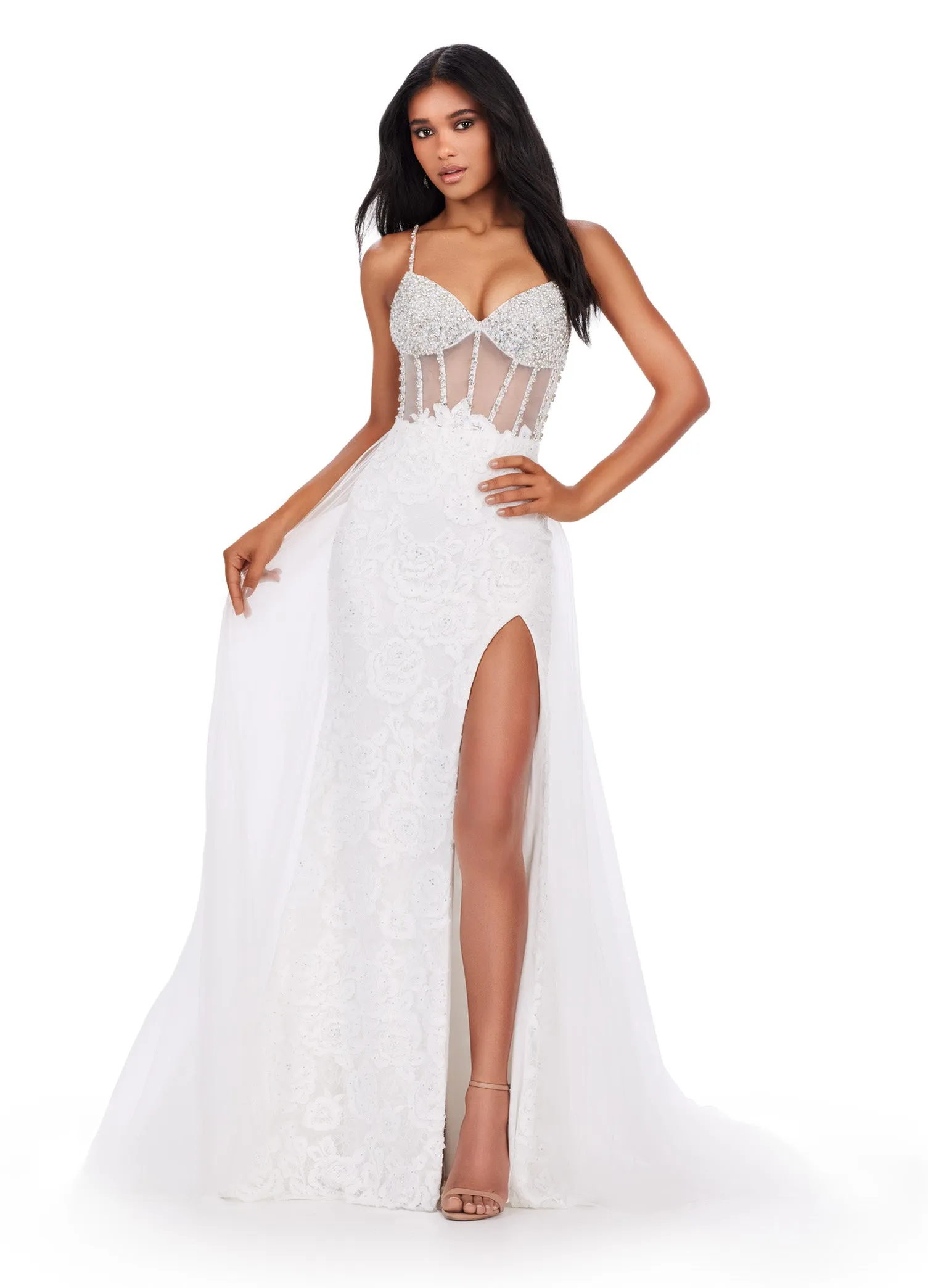 Ashley Lauren 11517 Sheer Crystal Corset Lace Dress Overskirt Slit  Long Prom Pageant Gown