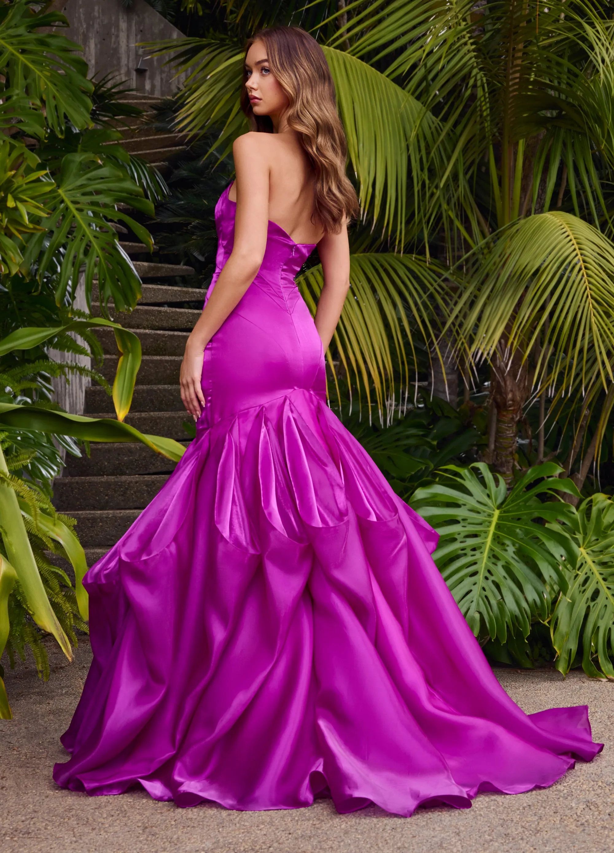 Ashley Lauren 11733 Shiny Organza Evening Gown Fit and Flare Ruffle Skirt Strapless Sweetheart Neckline