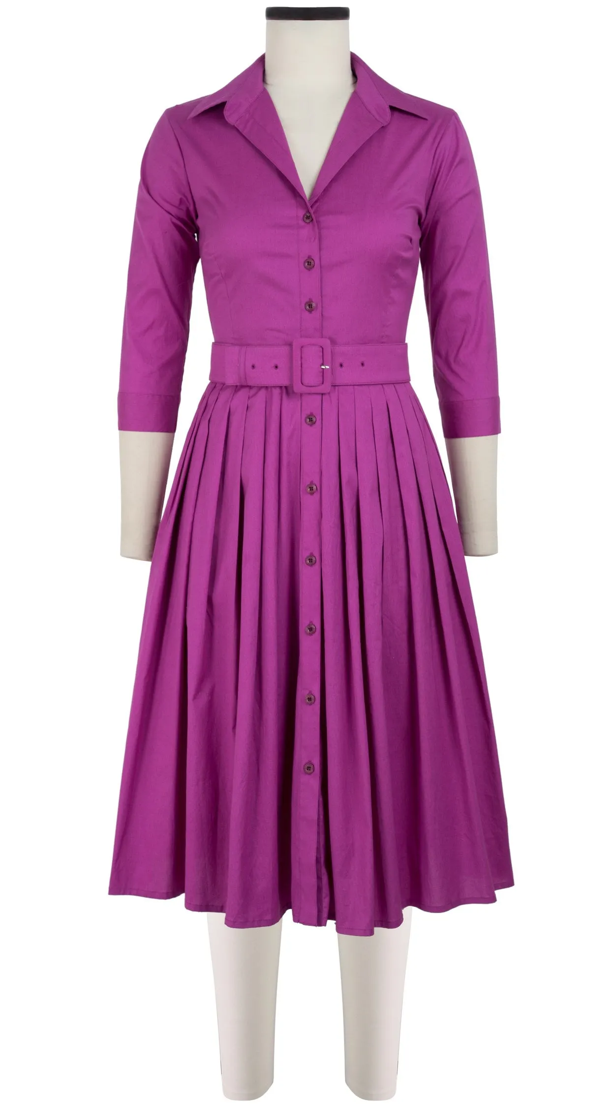 Audrey Dress #2 Shirt Collar 3/4 Sleeve Long Length Cotton Stretch_Solid_Taffy Pink