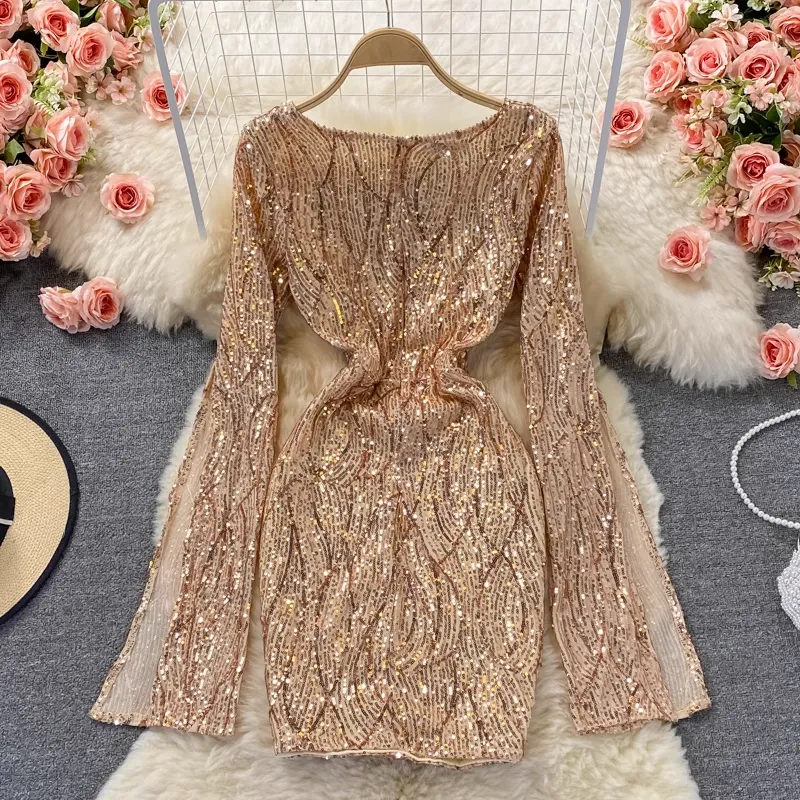 Autumn Sexy Sequined V-neck Short Dress Long-sleeved Sheath Dress 1763