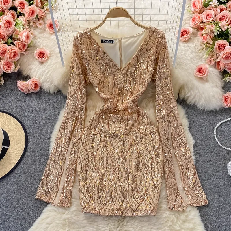 Autumn Sexy Sequined V-neck Short Dress Long-sleeved Sheath Dress 1763