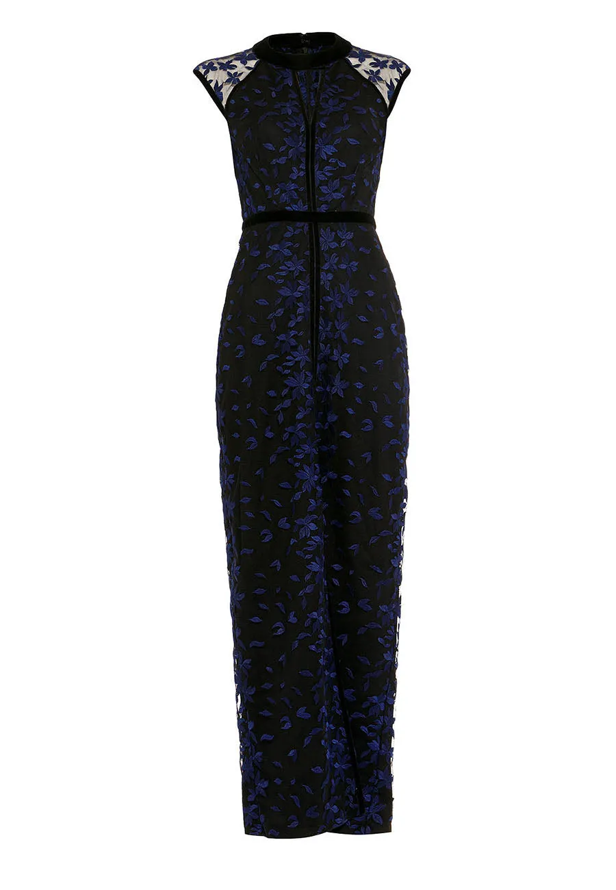 Black and Navy Elly Floral Embroidered Cap Sleeves Maxi Dress