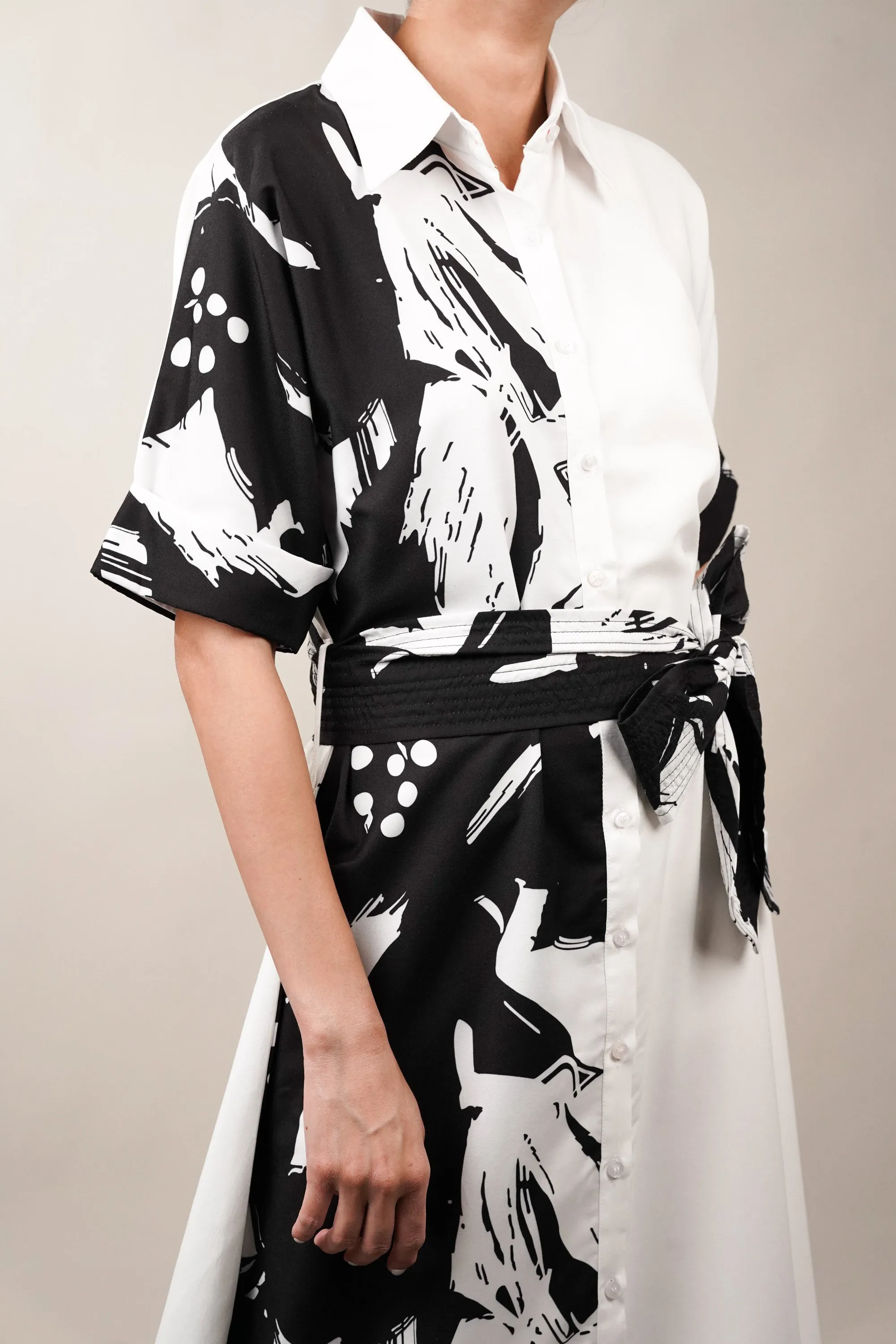 Black and White Tier Maxi Shirt Dress