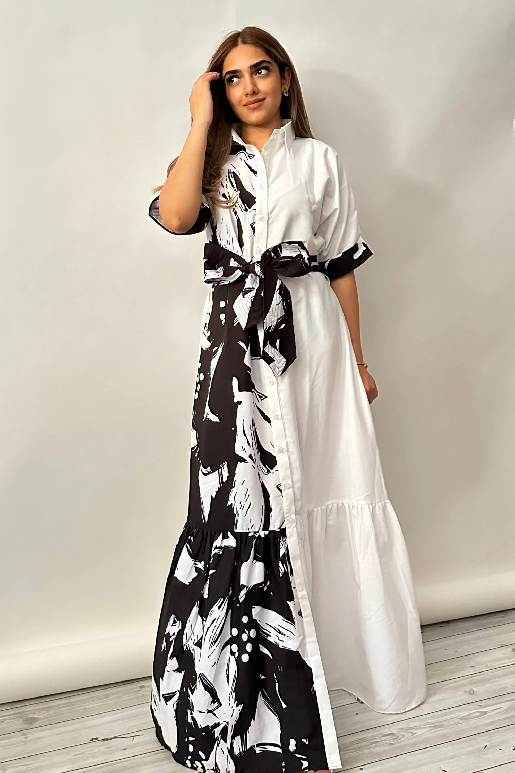 Black and White Tier Maxi Shirt Dress