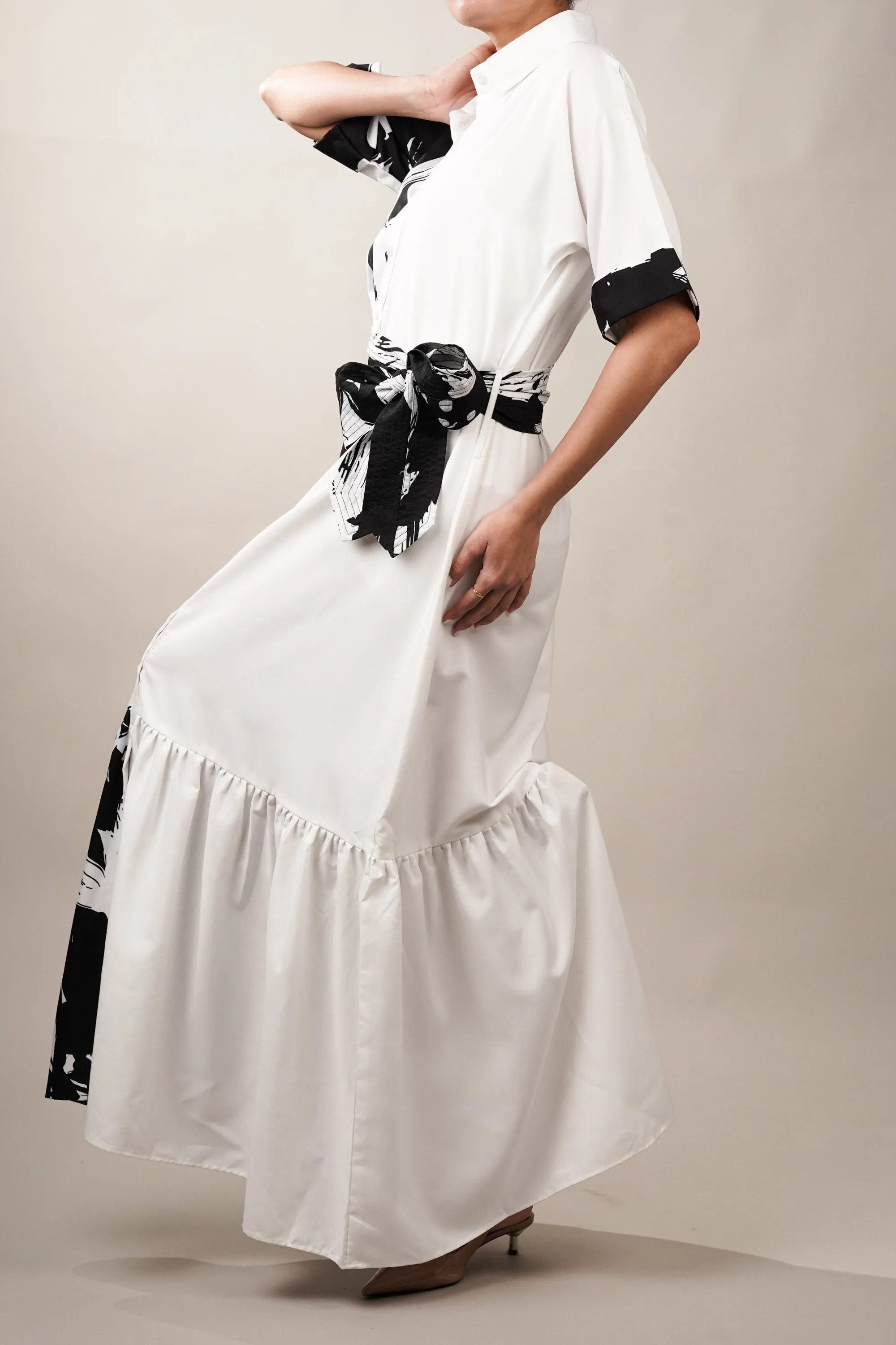 Black and White Tier Maxi Shirt Dress