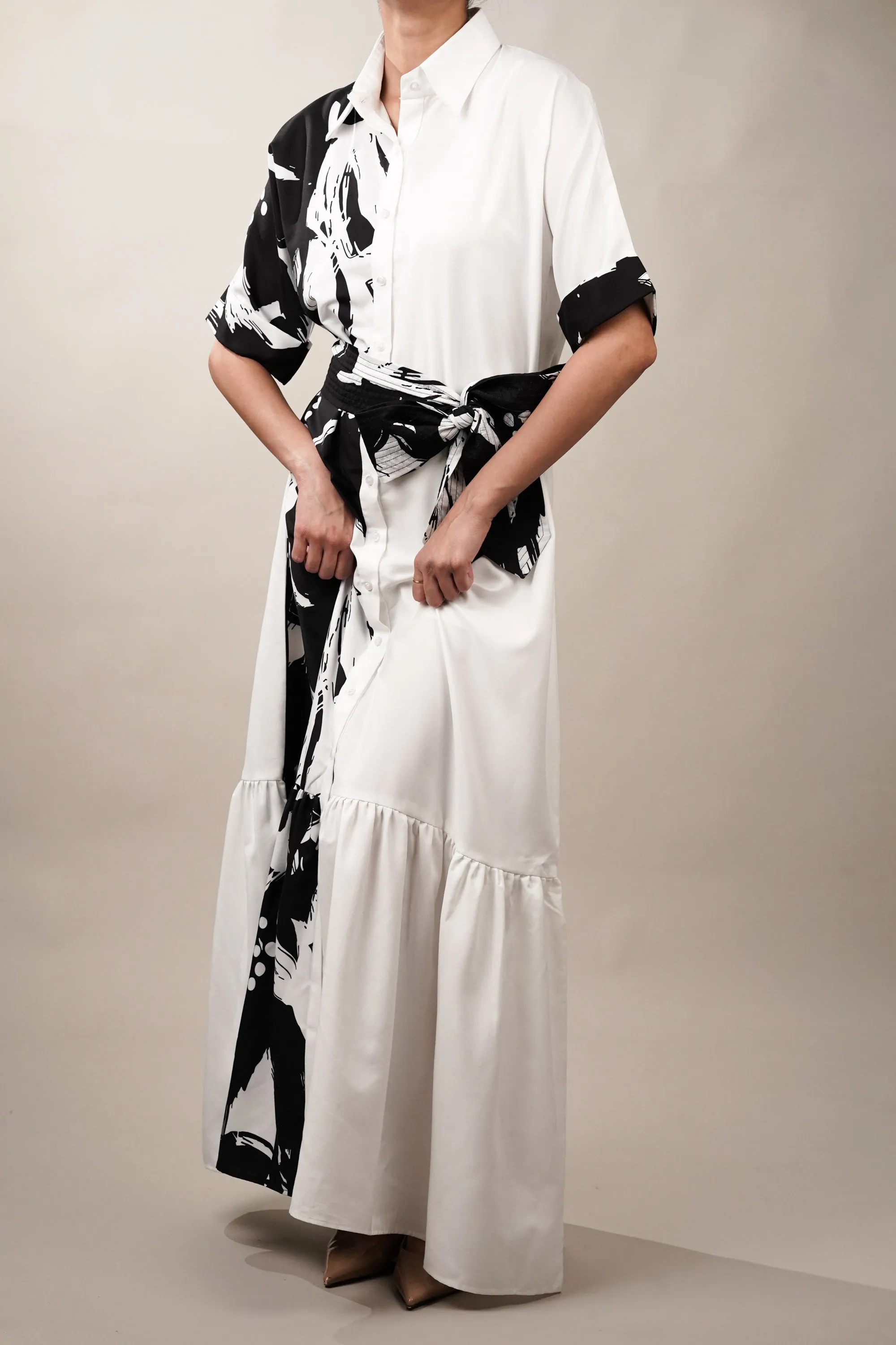 Black and White Tier Maxi Shirt Dress