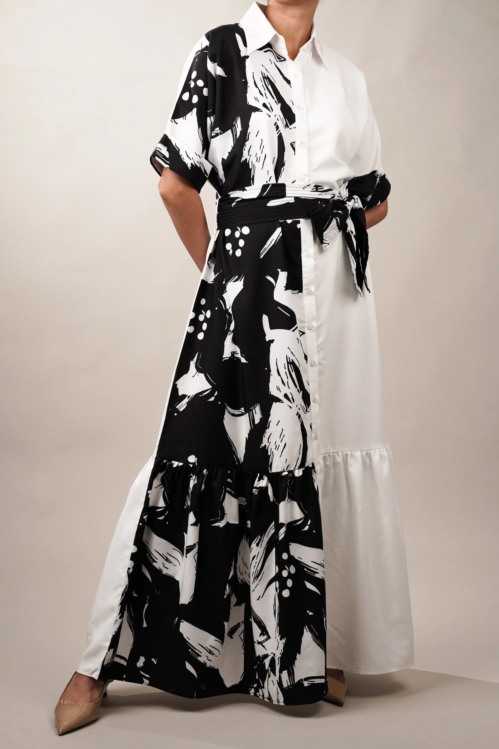 Black and White Tier Maxi Shirt Dress