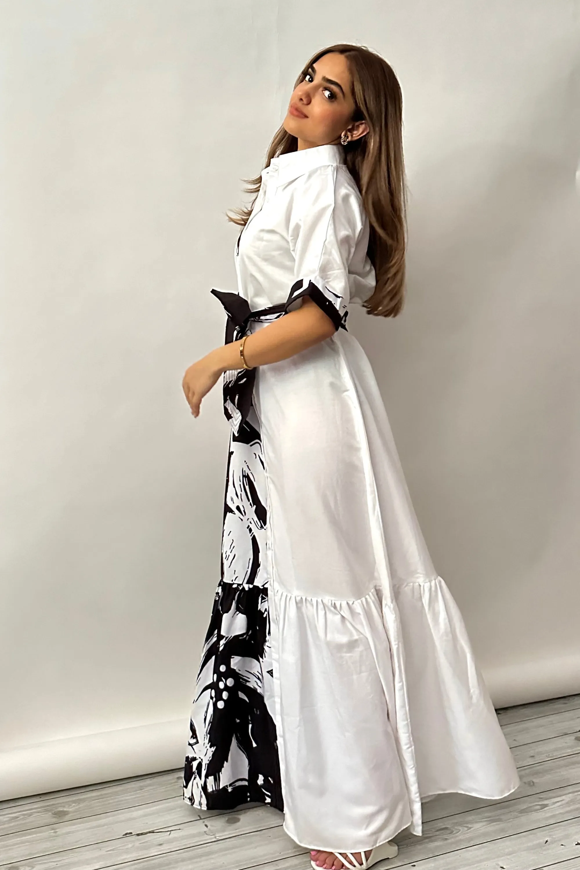 Black and White Tier Maxi Shirt Dress