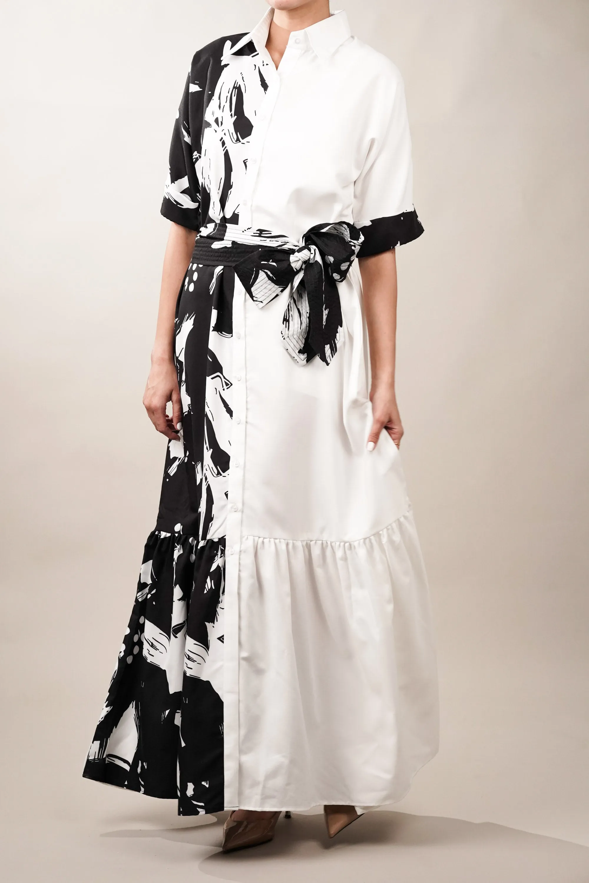 Black and White Tier Maxi Shirt Dress