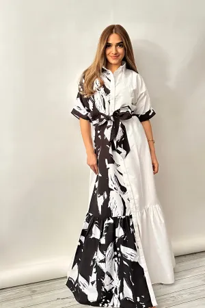 Black and White Tier Maxi Shirt Dress