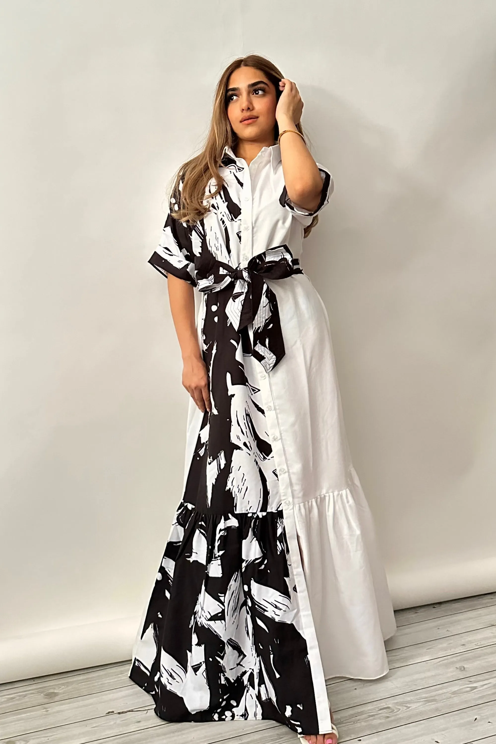 Black and White Tier Maxi Shirt Dress