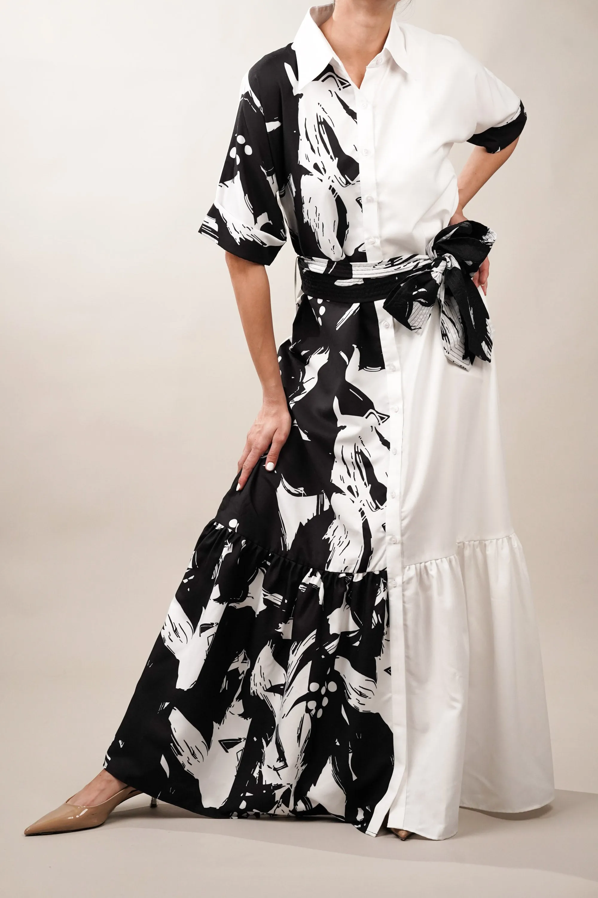 Black and White Tier Maxi Shirt Dress