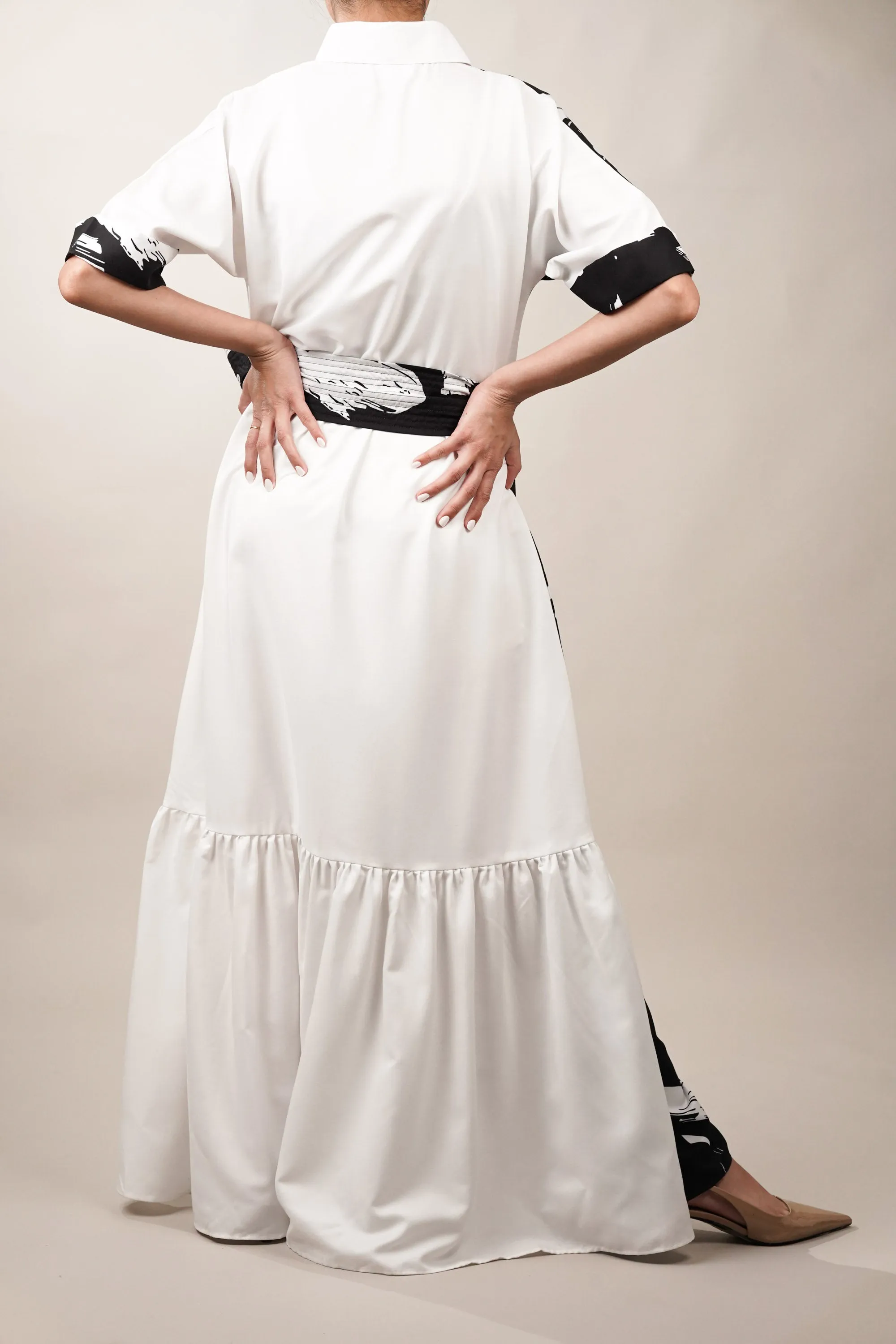 Black and White Tier Maxi Shirt Dress