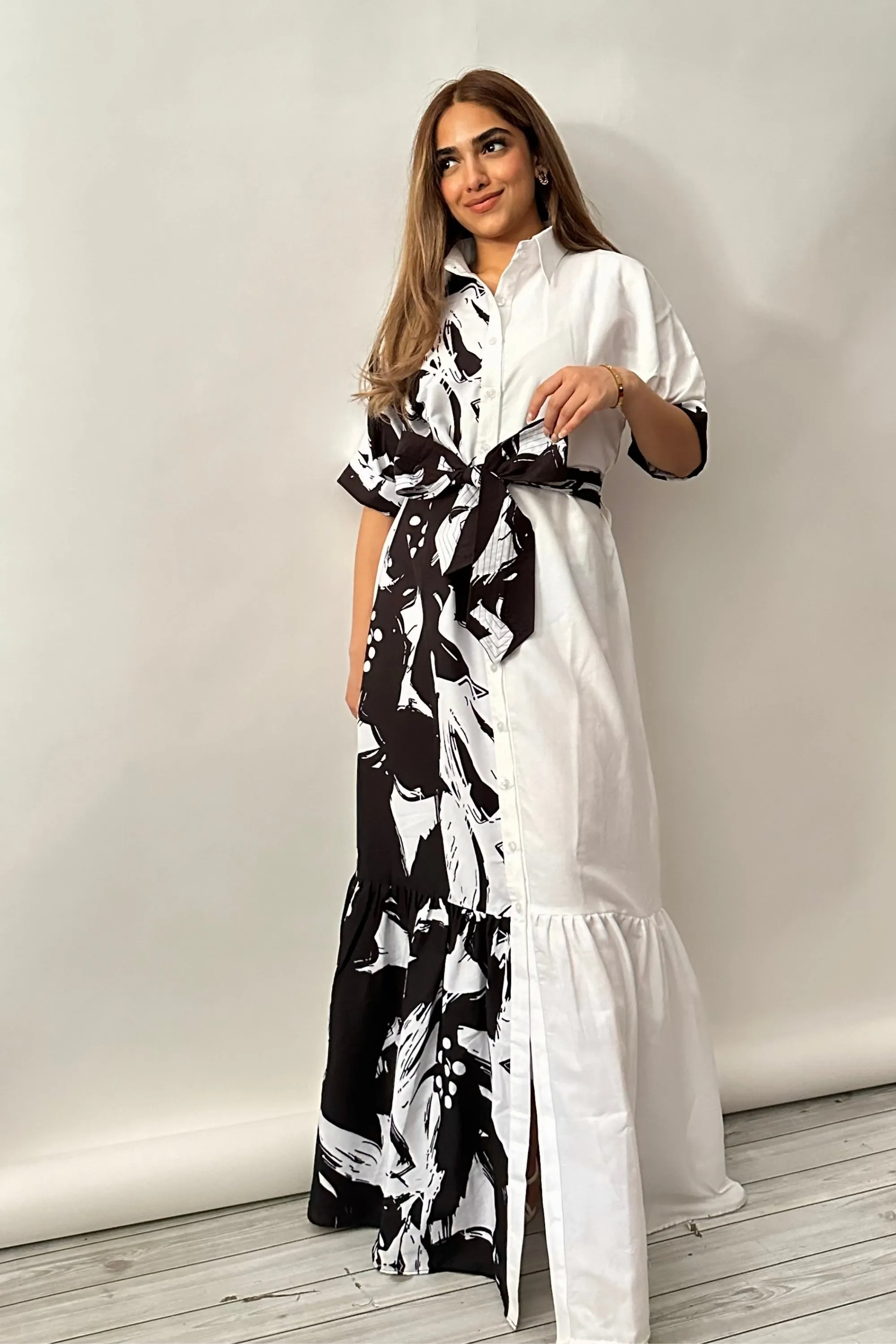 Black and White Tier Maxi Shirt Dress