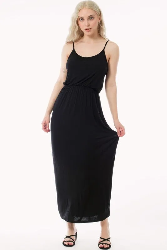 Black Casual Elastic Waist Cami Knit Maxi Dress