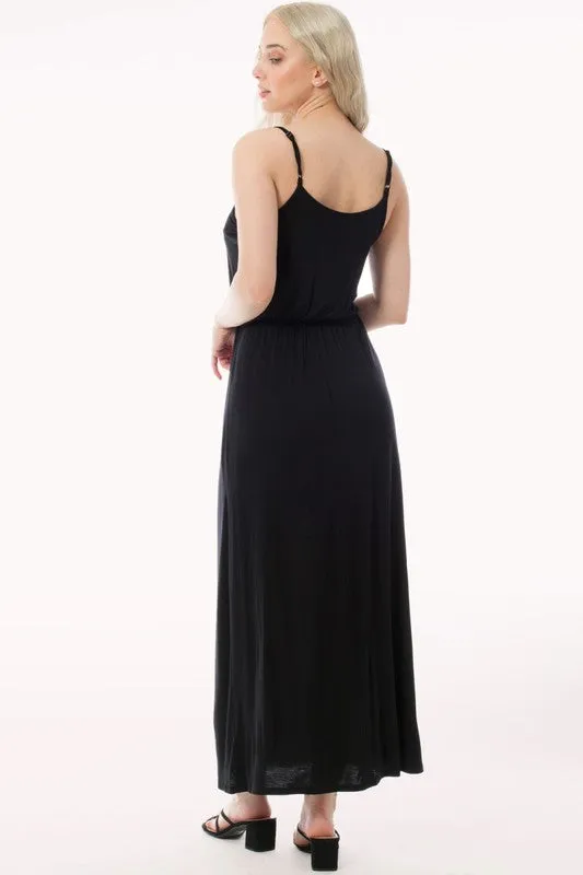 Black Casual Elastic Waist Cami Knit Maxi Dress