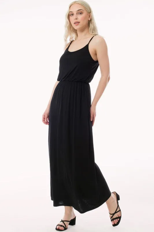 Black Casual Elastic Waist Cami Knit Maxi Dress