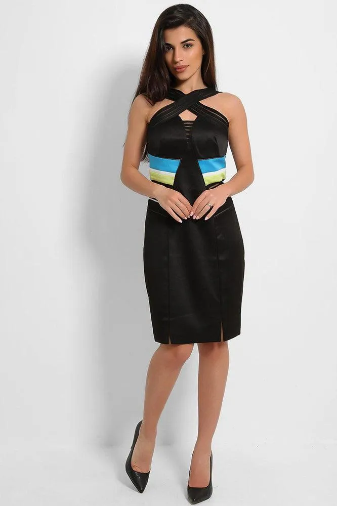 Black Crossover Halterneck Structured Mini Dress