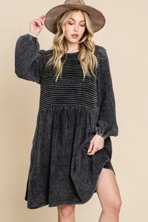 Black Front Pintuck Cotton Midi Dress