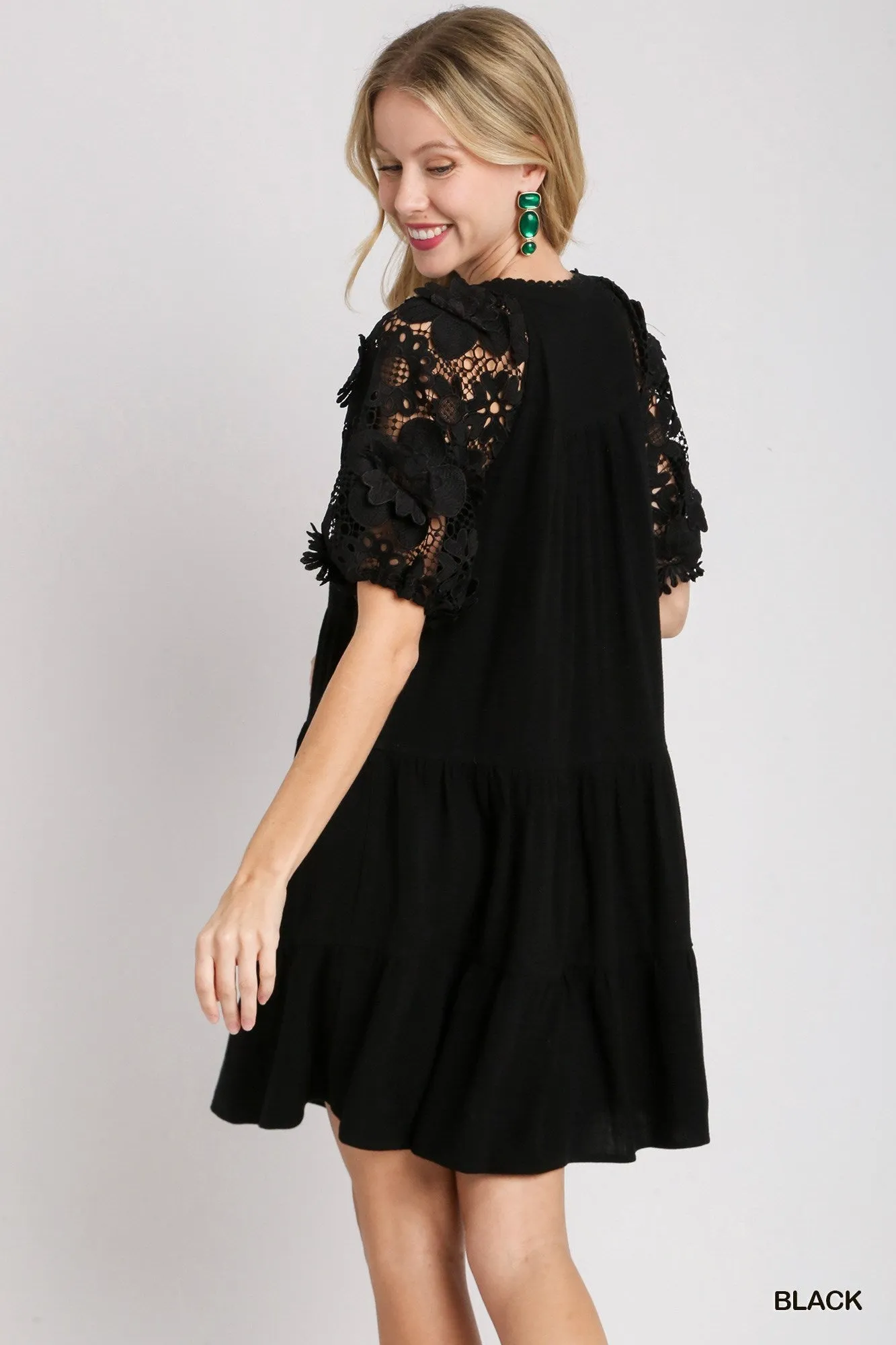 Black Linen Blend Tiered  Dress w/ Fabulous Sleeves