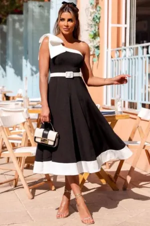 Black One Shoulder Bow Accent Midi Dress