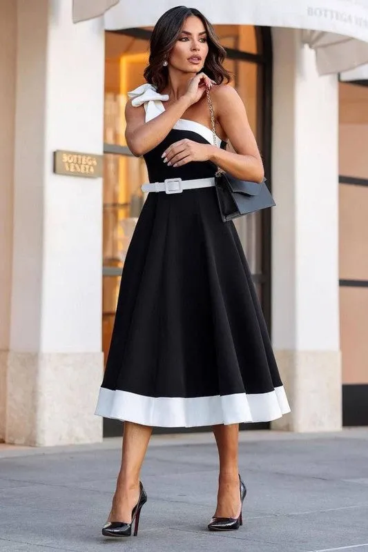 Black One Shoulder Bow Accent Midi Dress