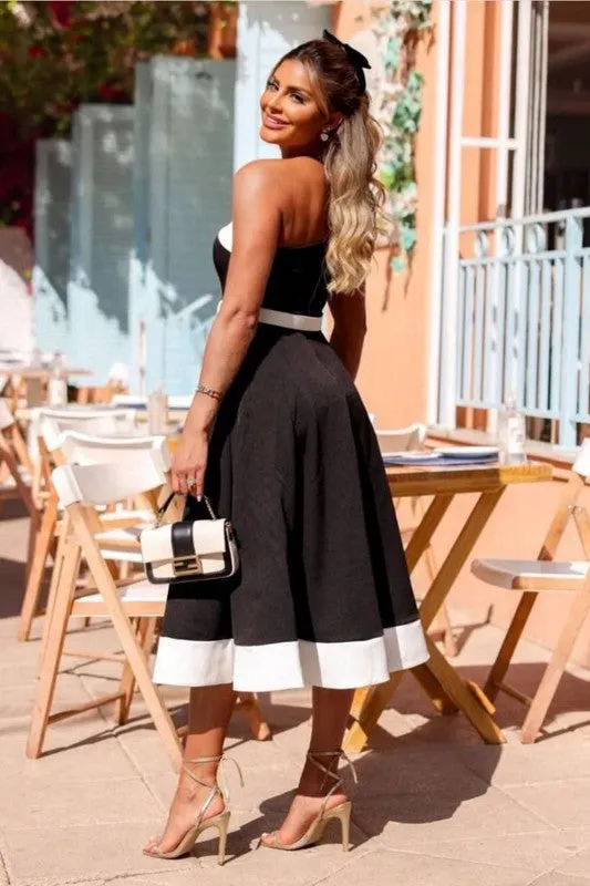 Black One Shoulder Bow Accent Midi Dress