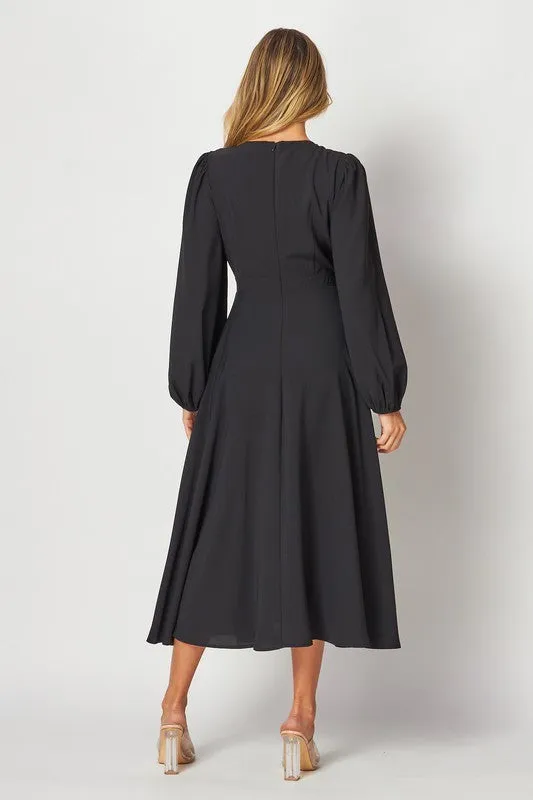 Black Solid Long Sleeve Midi Dress With Neck Detail