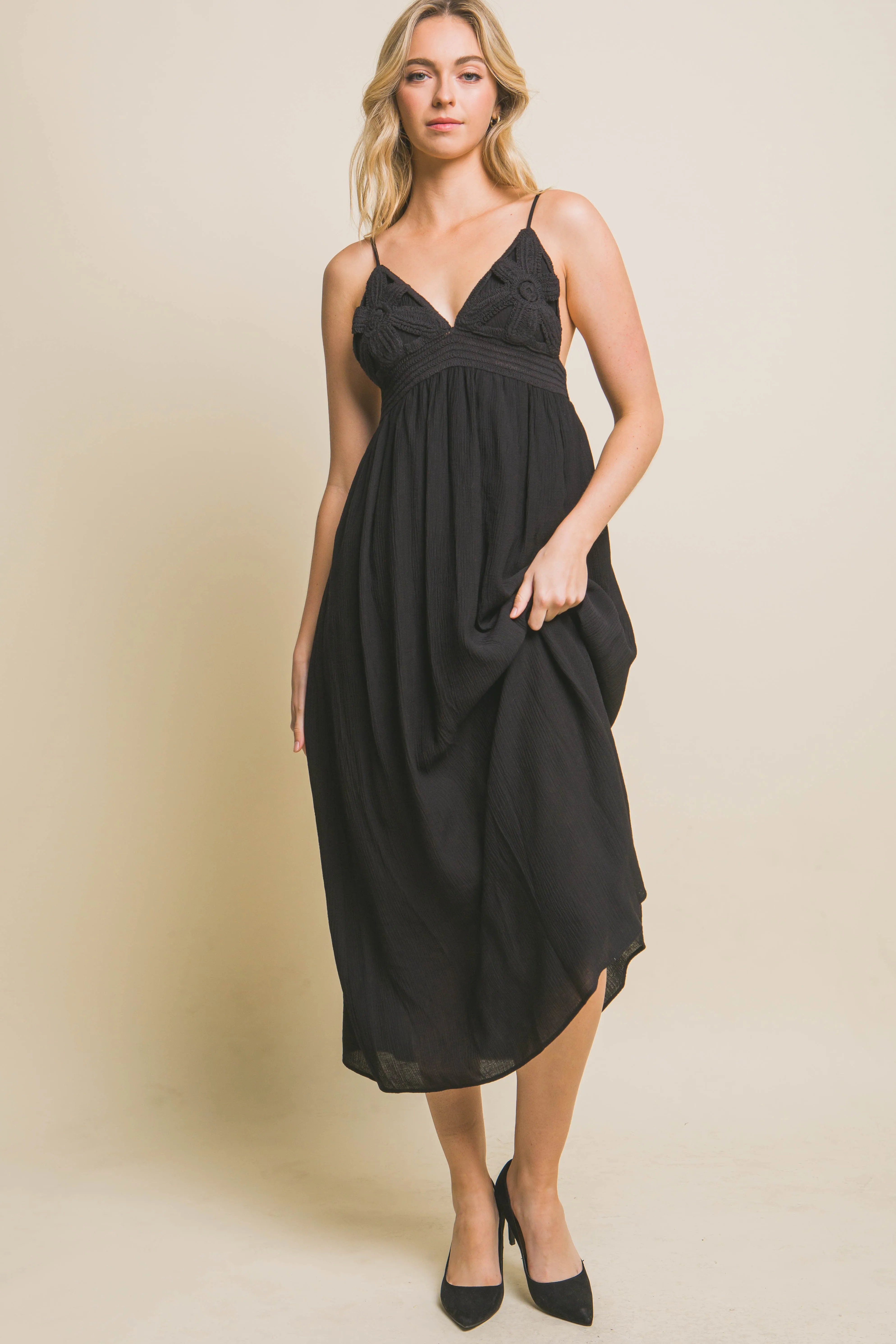 Black Spaghetti Strap Midi Dress With Flower Design