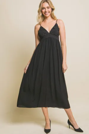 Black Spaghetti Strap Midi Dress With Flower Design