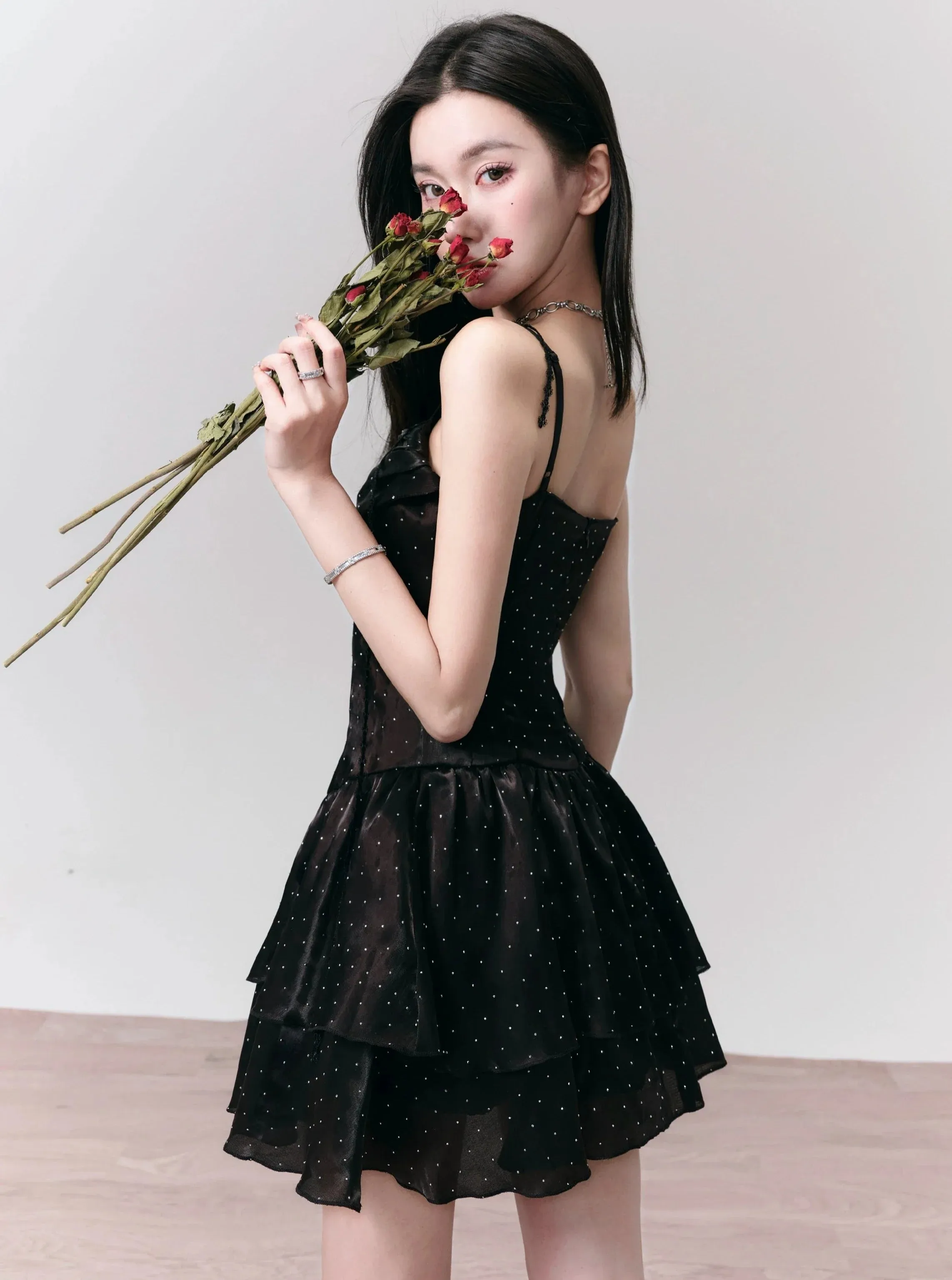 Black Velvet Spaghetti Strap Tiered Mini Dress