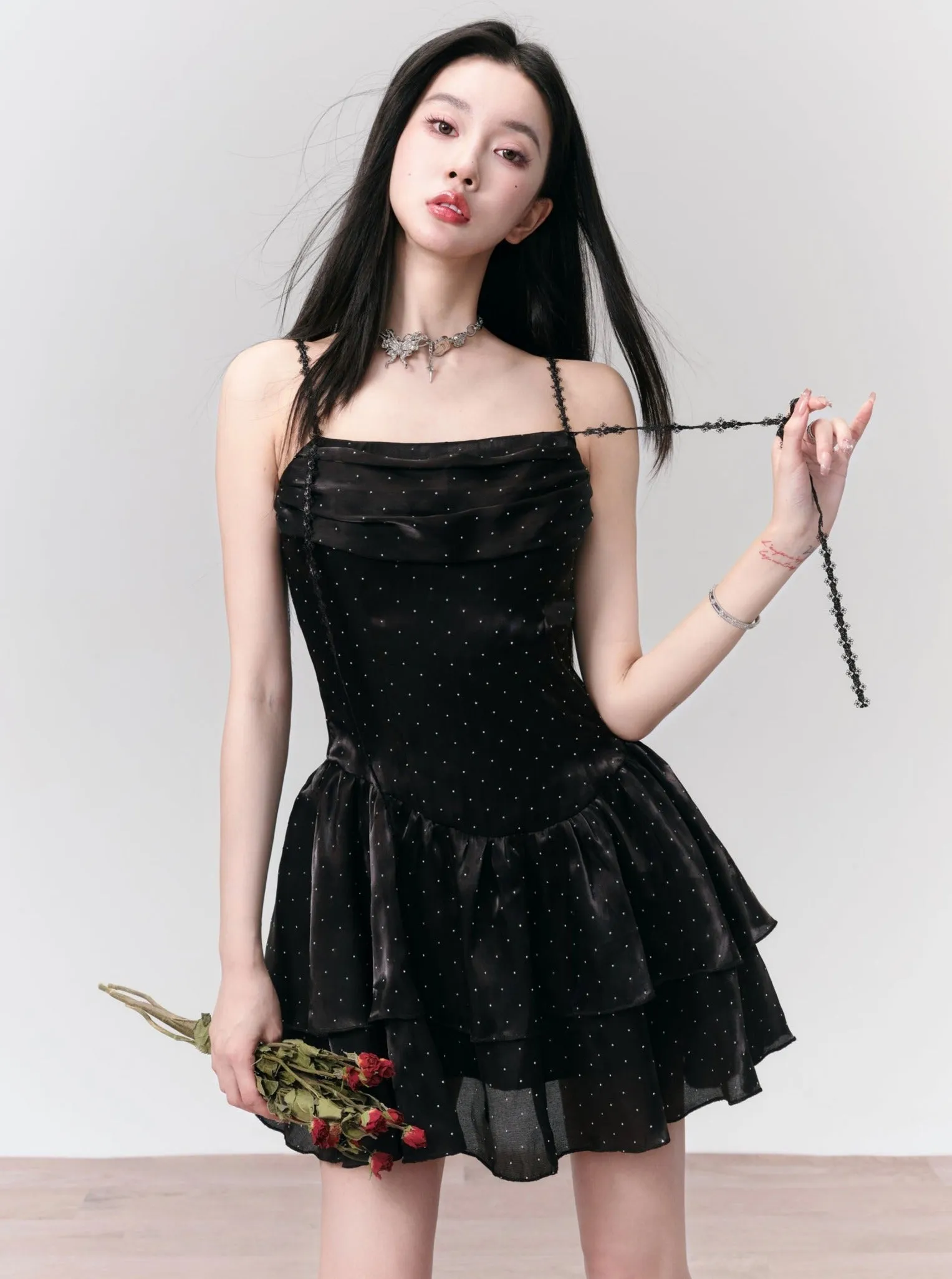 Black Velvet Spaghetti Strap Tiered Mini Dress