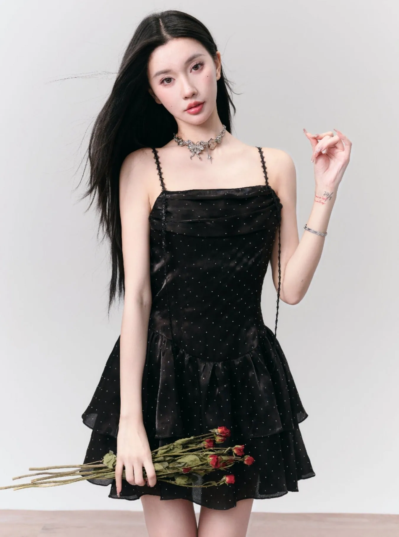 Black Velvet Spaghetti Strap Tiered Mini Dress