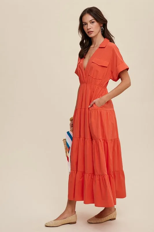 Blood Orange Collared Surplice Neckline Poplin Maxi Dress