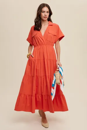 Blood Orange Collared Surplice Neckline Poplin Maxi Dress