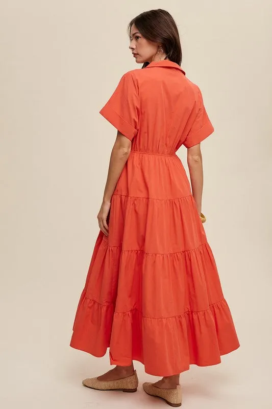 Blood Orange Collared Surplice Neckline Poplin Maxi Dress