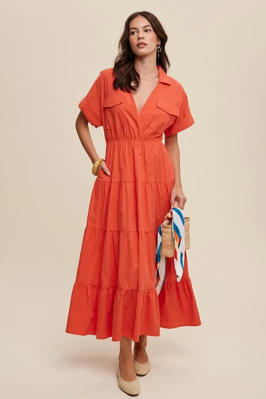 Blood Orange Collared Surplice Neckline Poplin Maxi Dress