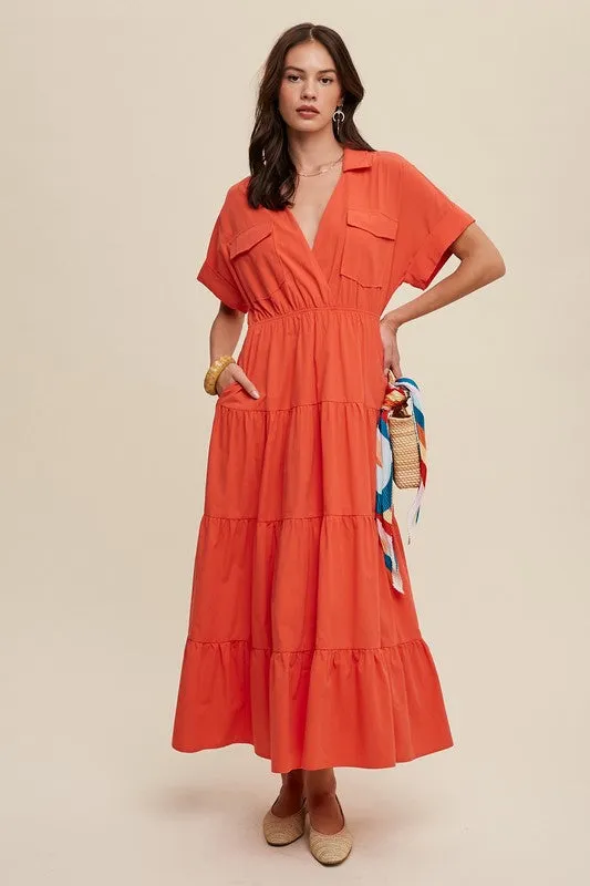 Blood Orange Collared Surplice Neckline Poplin Maxi Dress