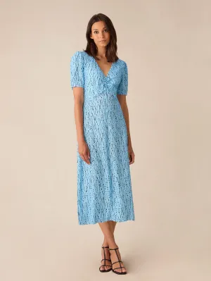 Blue Dash Print Ruched Front Midi Dress