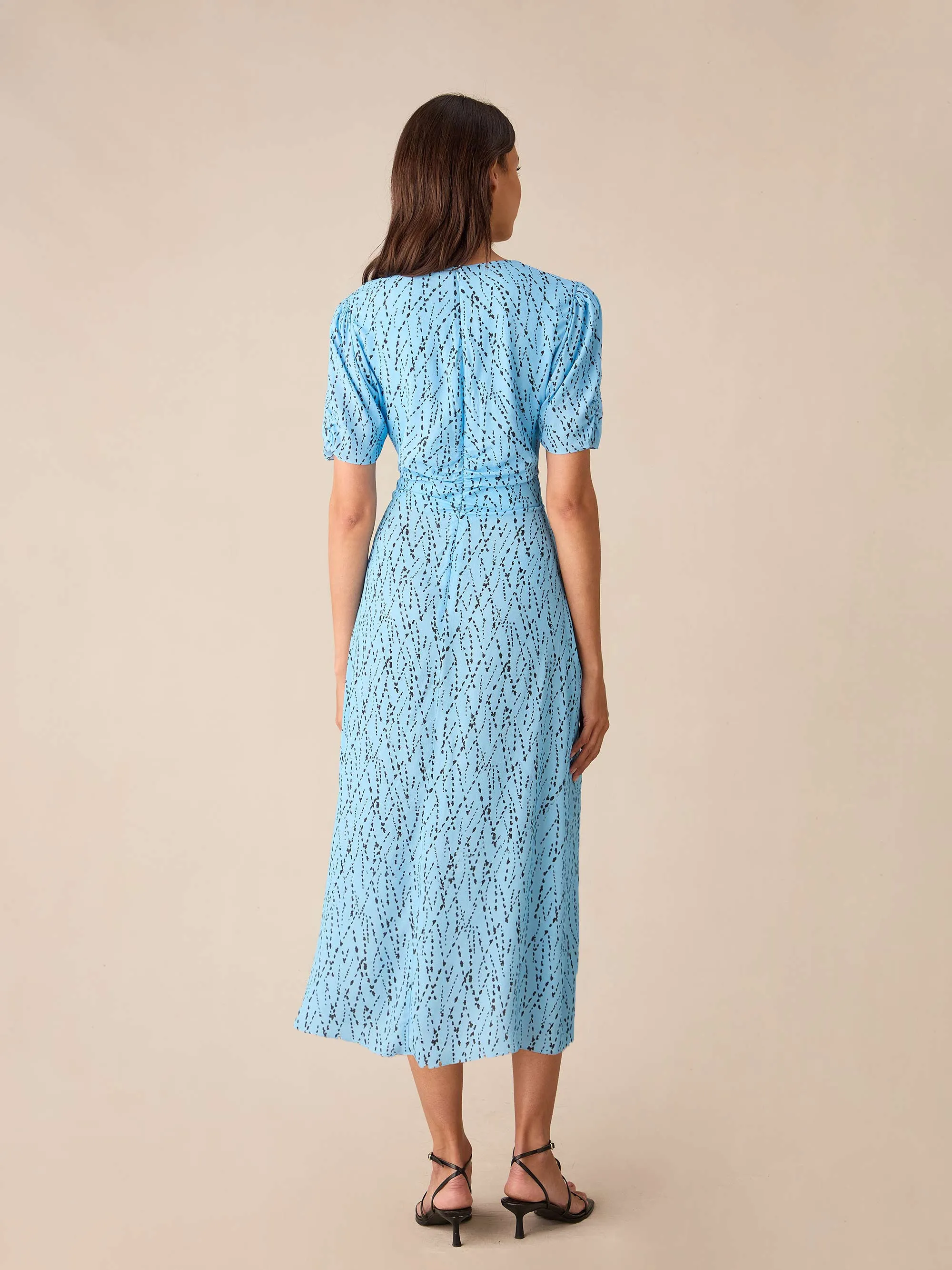 Blue Dash Print Ruched Front Midi Dress