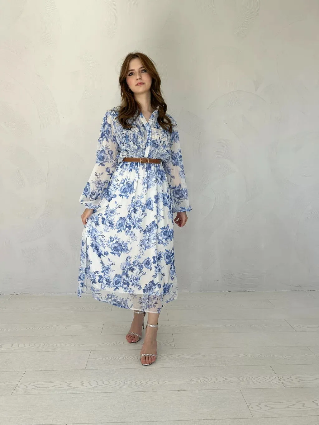 Blue Floral Chiffon Dress with Belt